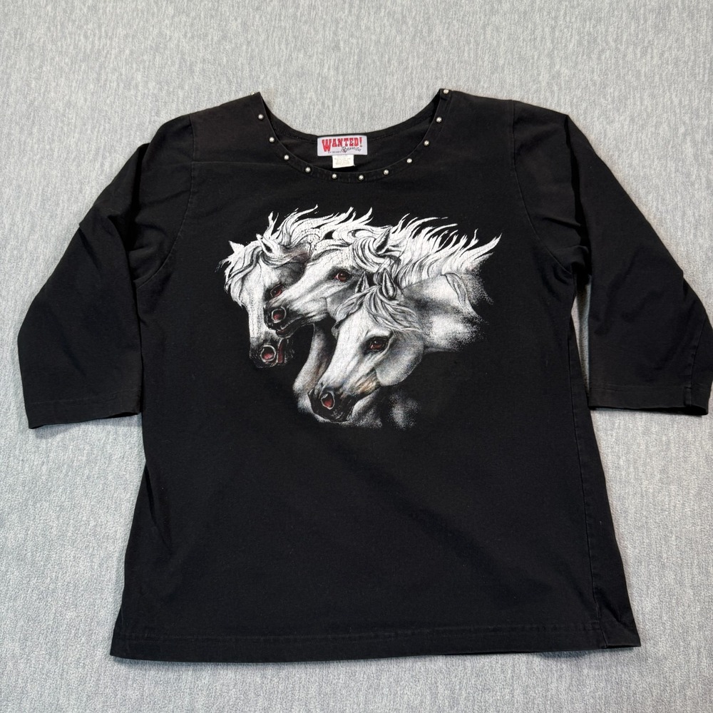 Wanted Shirt Women S Black 3/4 Sleeve Horse‎ Graphic Studded Neck USA